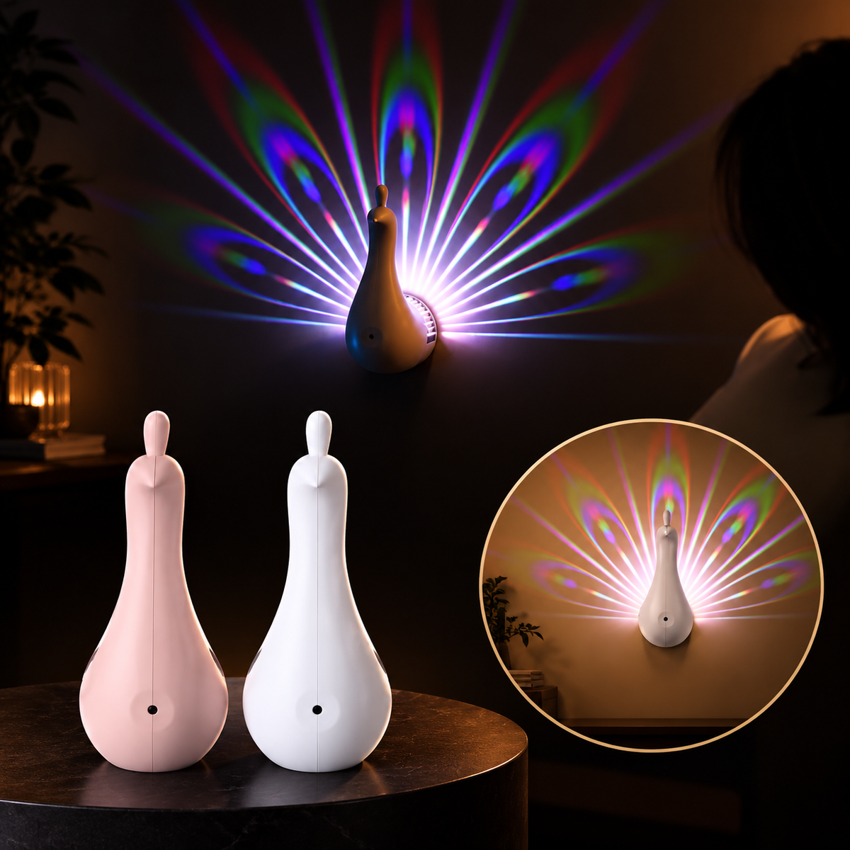 Peacock Projector Lamp - 9-Mode RGB Night Light with Remote