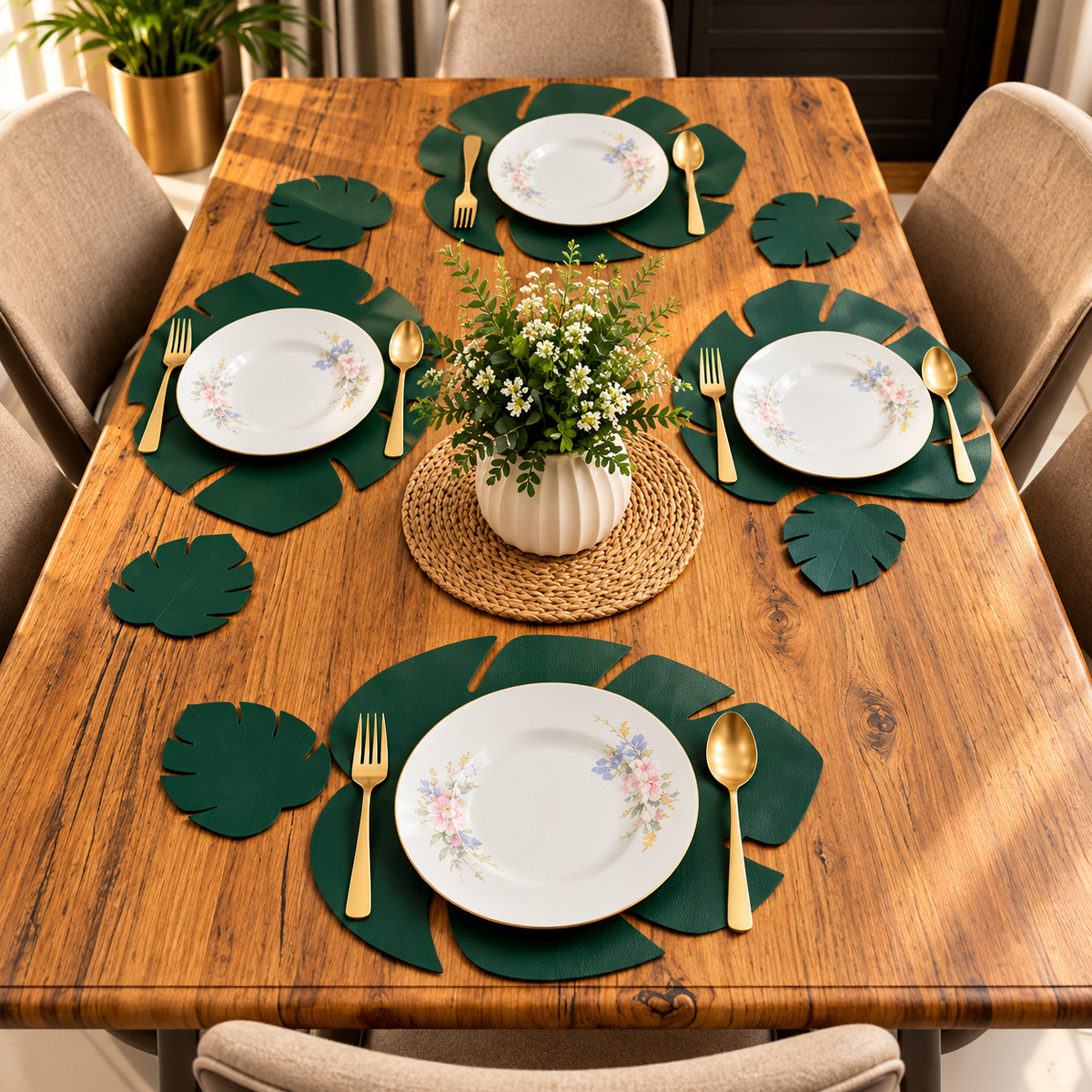 Leaf Shape PU Leather Mats & Coasters Set