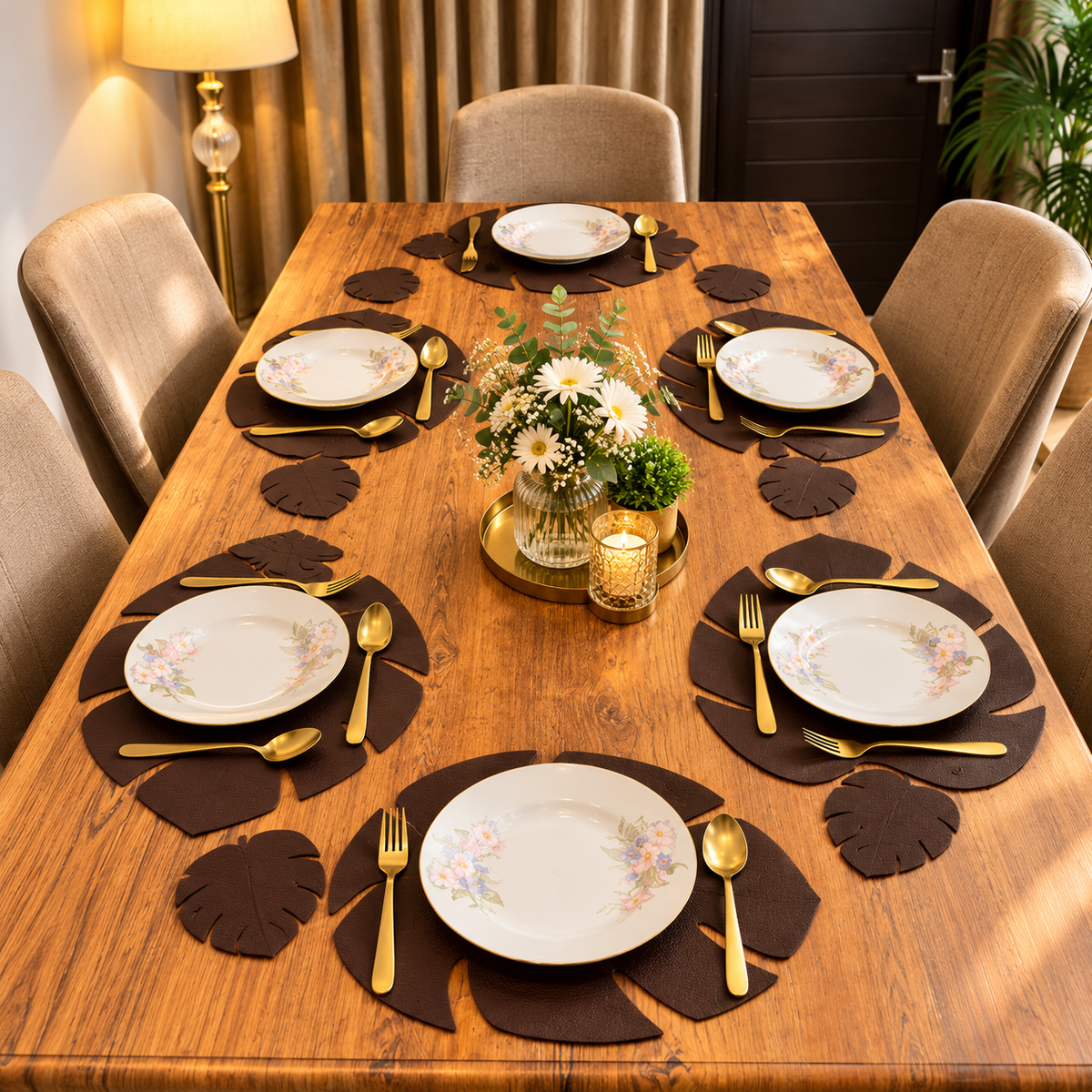 Leaf Shape PU Leather Mats & Coasters Set