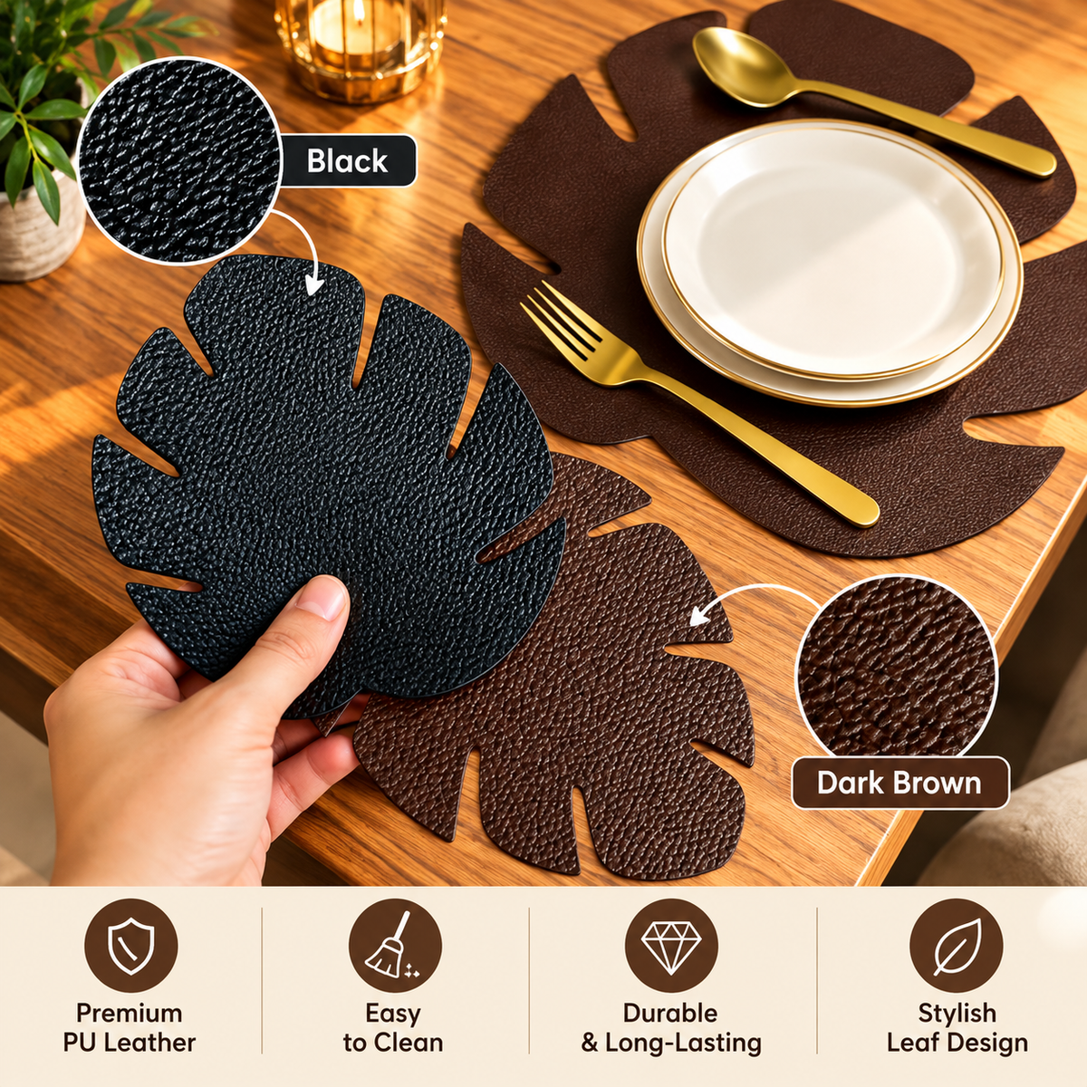 Leaf Shape PU Leather Mats & Coasters Set